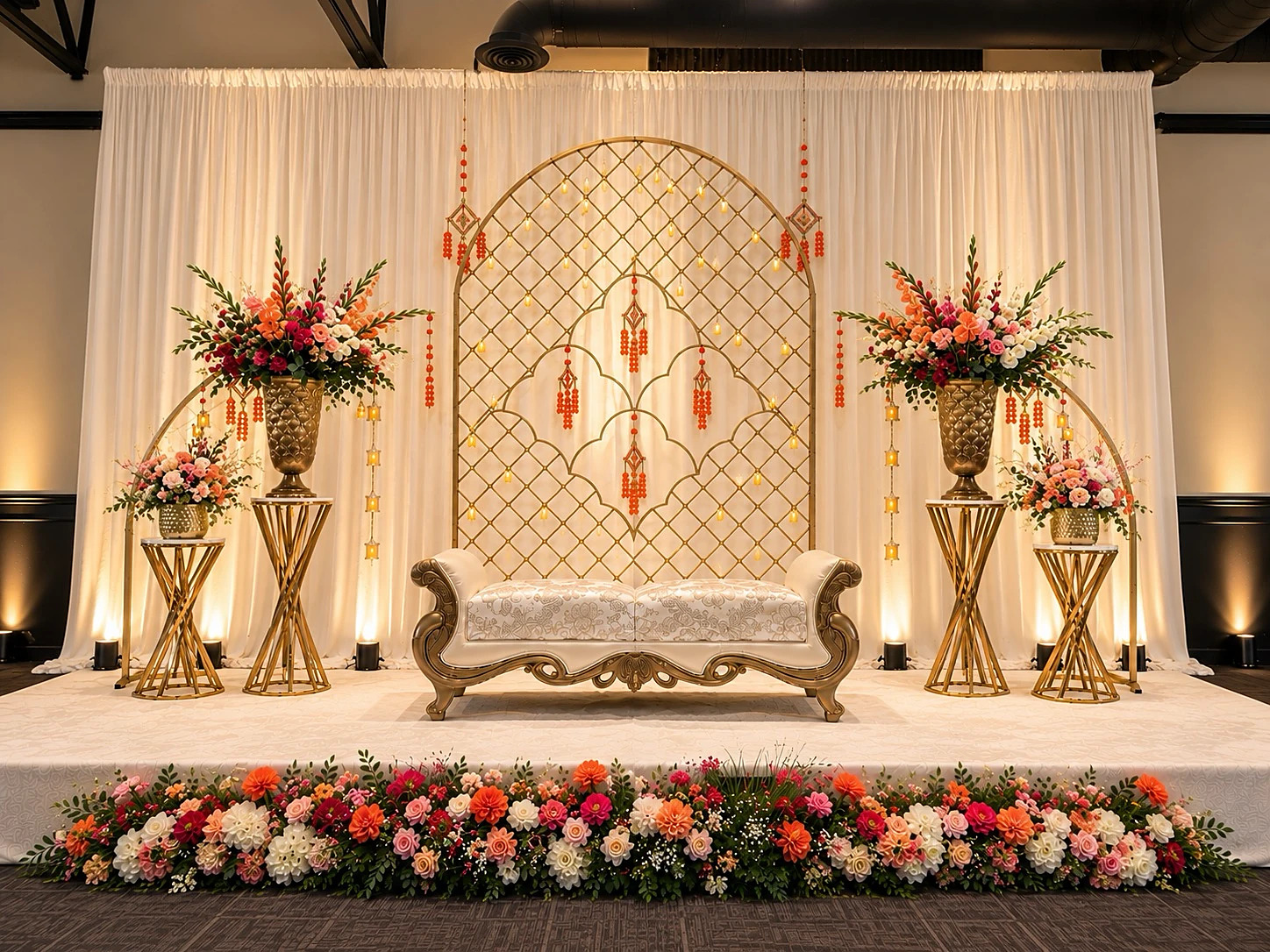 Ivory draped stage with a gold lattice arch, hanging lanterns, gold floral stands and a carved ivory sofa
